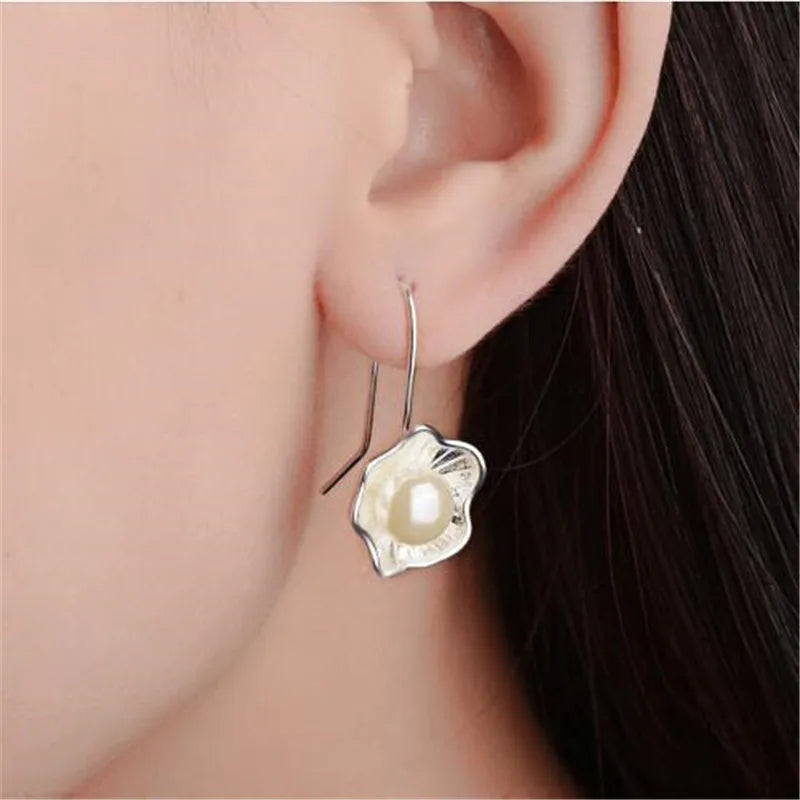 Temperament New Fashion Ethnic Style 925 Sterling Silver Jewelry Female Creative Lotus Pearl Fresh Flower Dangle Earrings E054