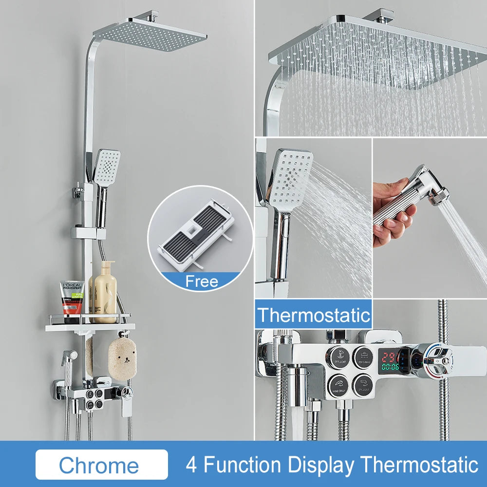 Black Thermostatic LCD Shower Faucet Set Temperature Display Rainfall Bathtub Tap With Bathroom Shelf Electricity By Water