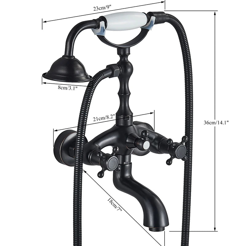 Antique Brass Bathtub Shower Faucet Set Bathroom Dual Handle Wall Mounted Bath Tub Mixer Tap with Handshower and Swivel Spout