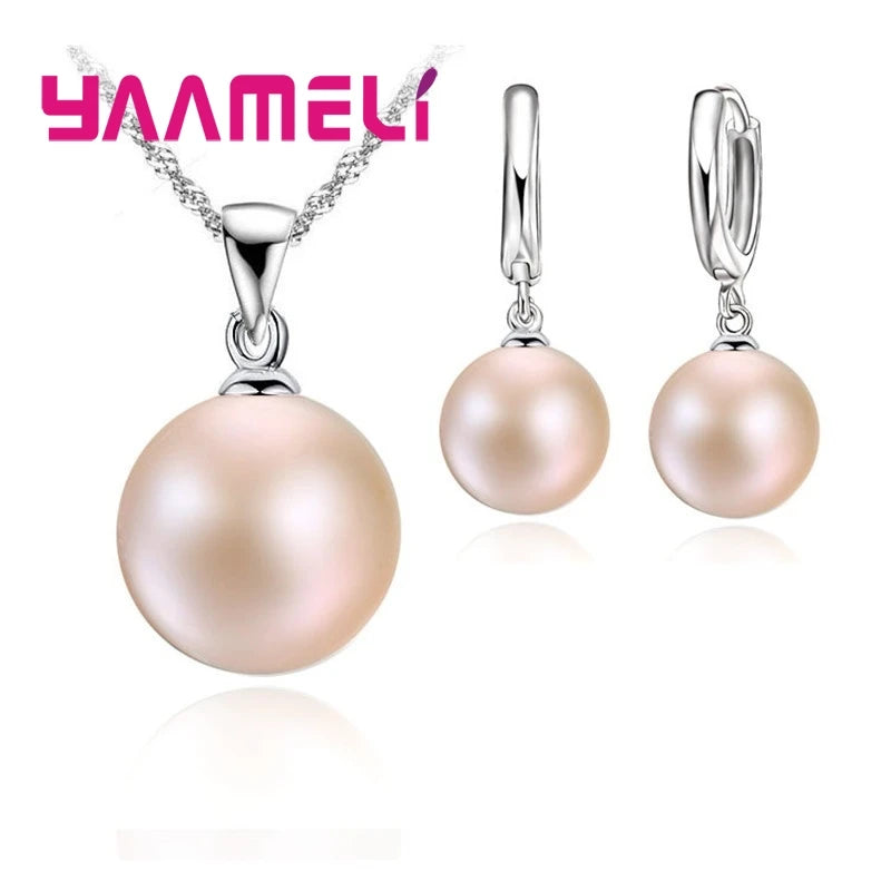 Smooth Women Wedding Jewelry Sets 925 Sterling Silver Pearl Necklace Hoop Earrings Fashion Jewellery Set Accessories
