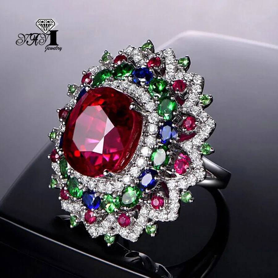 YaYI Jewelry Princess Cut Red Corundum Gemstones Zircon Silver Color Engagement Wedding Party Precious Rings