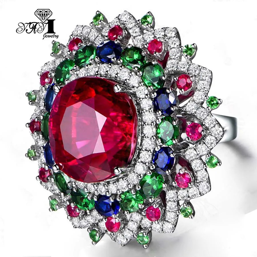YaYI Jewelry Princess Cut Red Corundum Gemstones Zircon Silver Color Engagement Wedding Party Precious Rings