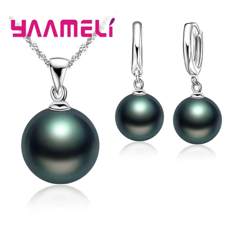 Smooth Women Wedding Jewelry Sets 925 Sterling Silver Pearl Necklace Hoop Earrings Fashion Jewellery Set Accessories