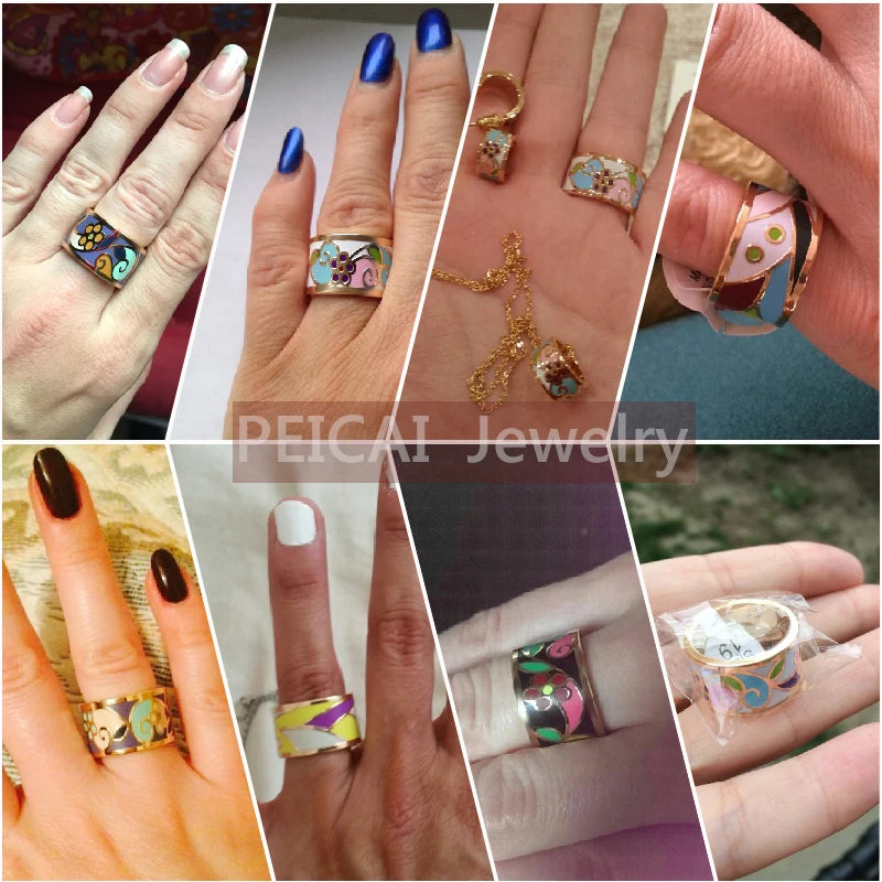 New Arrival Flower Enamel Gold-Color 1.3CM Big Rings for Women Ethnic Stainless Steel Jewelry Mother Gift