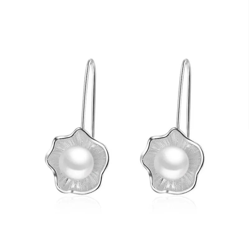 Temperament New Fashion Ethnic Style 925 Sterling Silver Jewelry Female Creative Lotus Pearl Fresh Flower Dangle Earrings E054