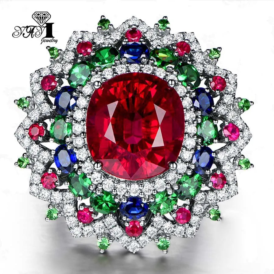 YaYI Jewelry Princess Cut Red Corundum Gemstones Zircon Silver Color Engagement Wedding Party Precious Rings
