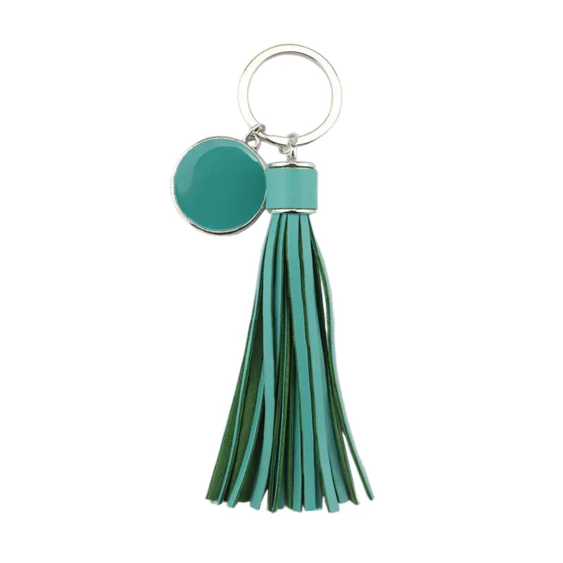ZWPON Fashion Round Monogram Pompom PU Leather Tassel Keychain Bag Charms Key Ring Colorful Enamel Female Jewelry Wholesale