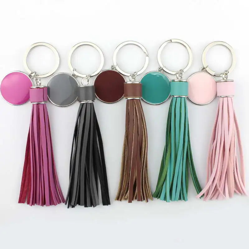 ZWPON Fashion Round Monogram Pompom PU Leather Tassel Keychain Bag Charms Key Ring Colorful Enamel Female Jewelry Wholesale