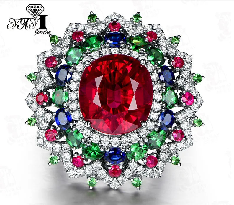 YaYI Jewelry Princess Cut Red Corundum Gemstones Zircon Silver Color Engagement Wedding Party Precious Rings