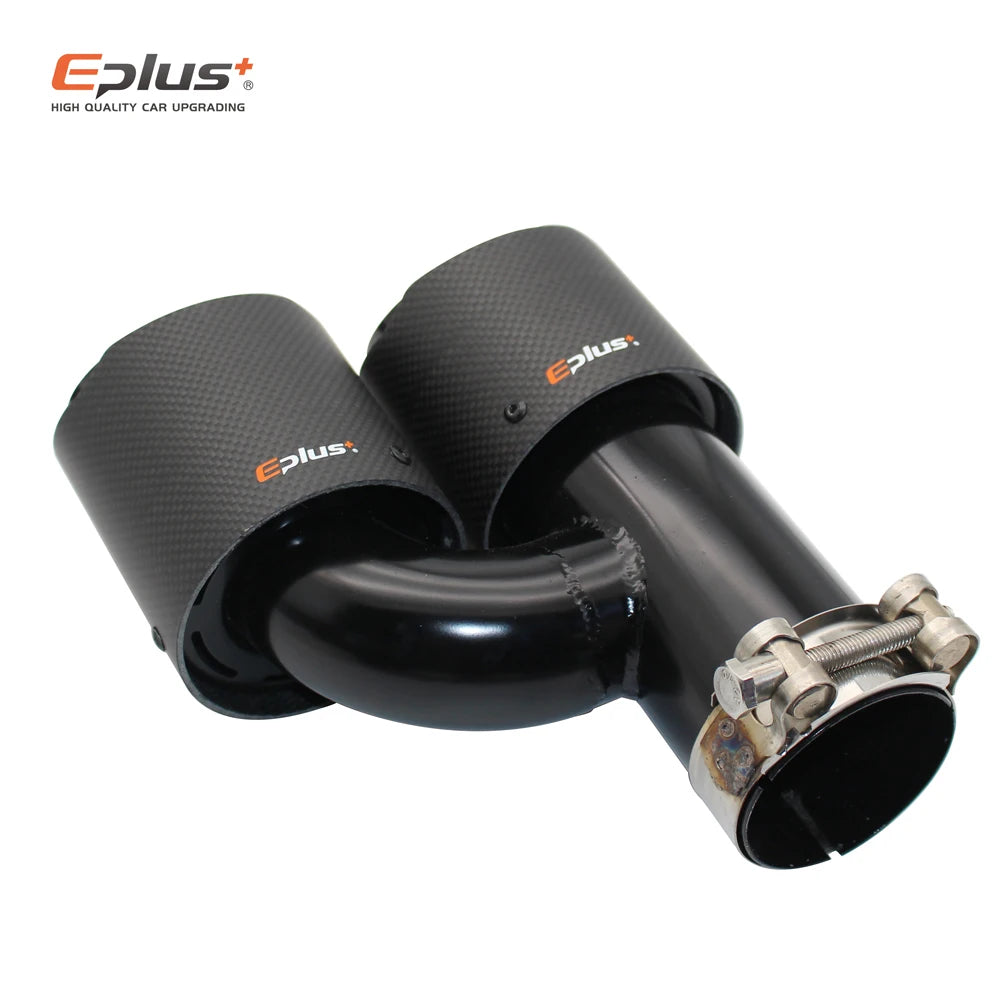 EPLUS Car Carbon Fiber Matte Muffler Tip h Shape Double Exit Exhaust Pipe Mufflers Nozzle Decoration Universal Stainless Black