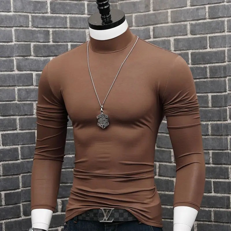 Fashion 2023 Oversize Solid Men's Slim Fit T-Shirt with Turtleneck Autumn Long Sleeve Top Shirt Male Modal Base Male Blouse