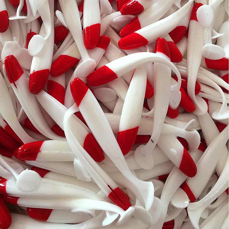 10/20/50pcs Red Head White Body Bait 5.5/7/9/12cm T Tail Worm Soft Bait Bionic Flying Fishing Lure Artificial Silicone Wobblers