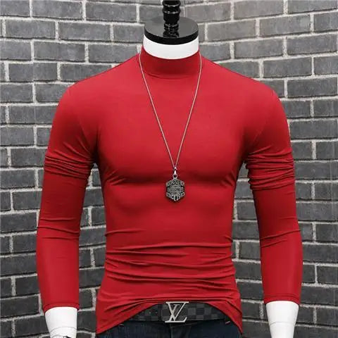 Fashion 2023 Oversize Solid Men's Slim Fit T-Shirt with Turtleneck Autumn Long Sleeve Top Shirt Male Modal Base Male Blouse