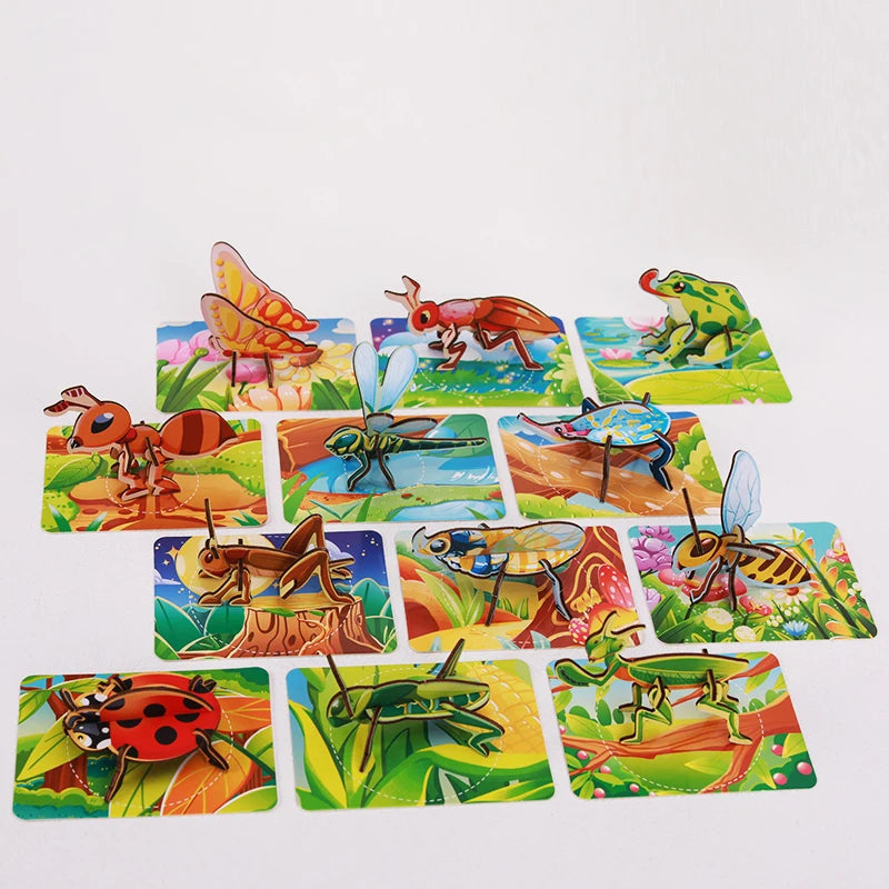 12pcs 3D Three-dimensional Paper Insect Puzzle Children's Toys Cartoon Insect Assembly Model DIY Educational Toy Gift for Kids