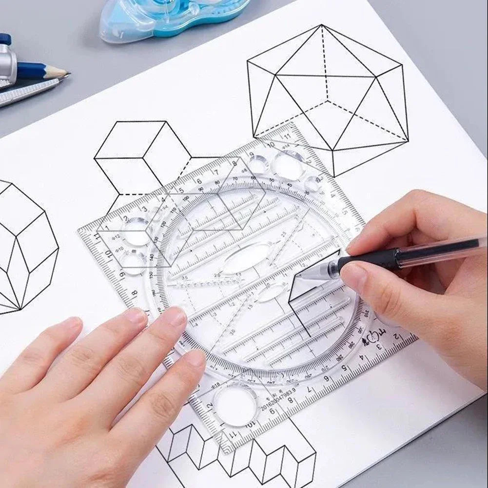Multi-function Rotatable Drawing Template Art Design Construction Architect Geometry Circle Drafting Measuring Scale Ruler Tools