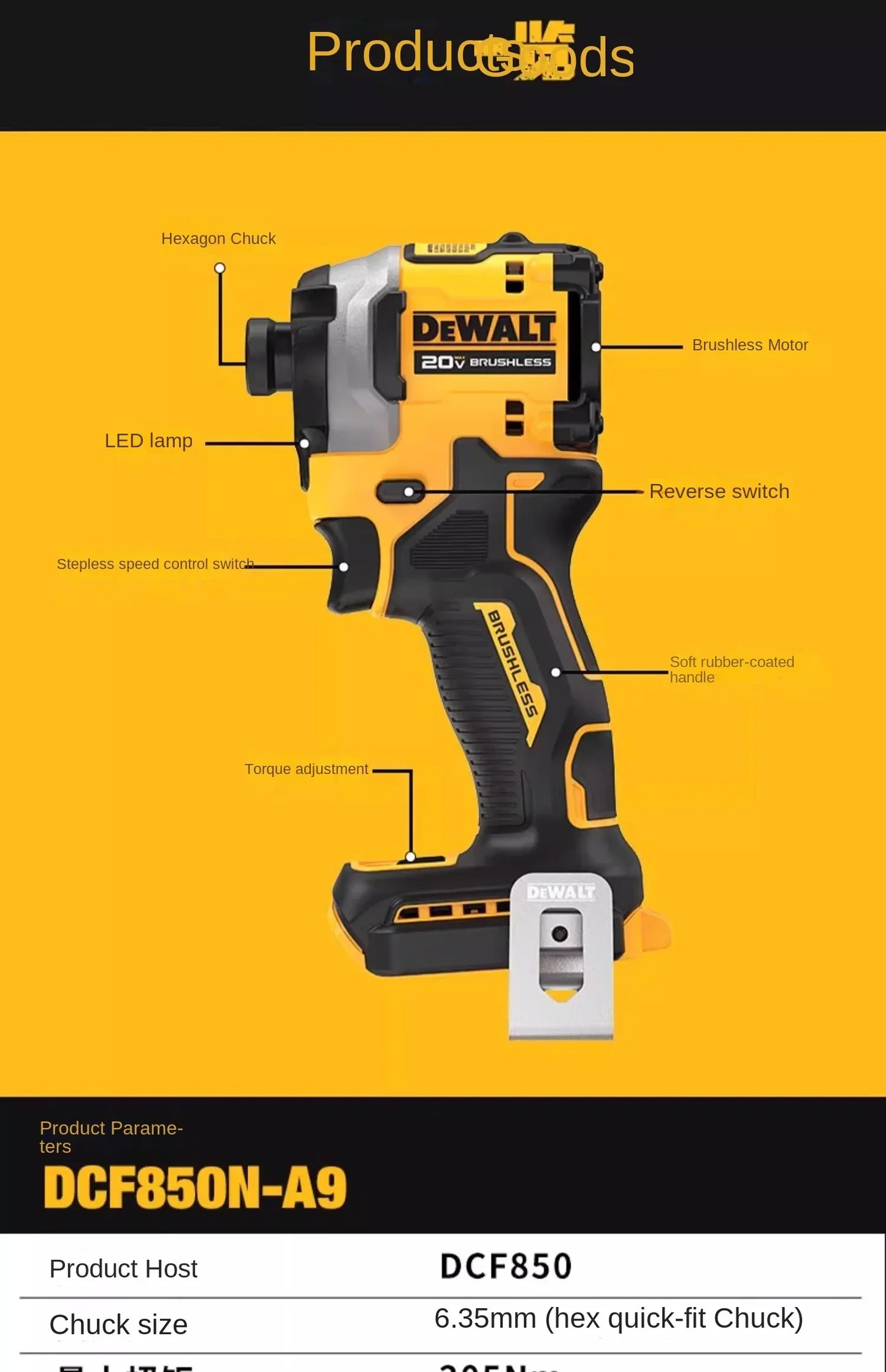 DEWALT DCF850 20V Cordless Electric Screwdriver Brushless Motor Rechargable Drill Driver Electric Impact Wrench Large Torque