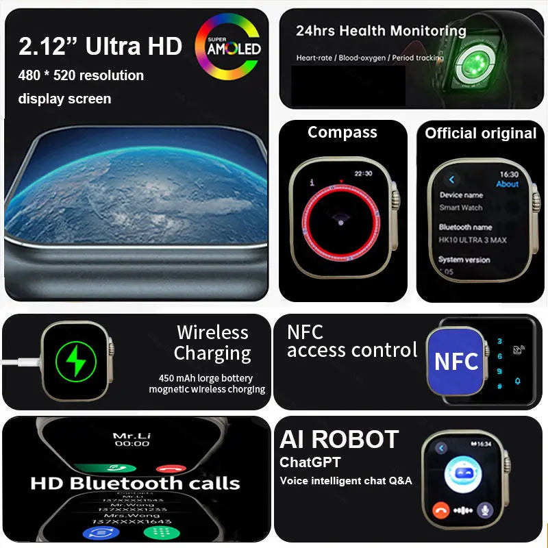 New HK10 ULTRA 3 MAX Smartwatch 2025 49mm HD AMOLED 4G ROM Bluetooth Network Call Robot Clock NFC Compass Smart Watch Men Women