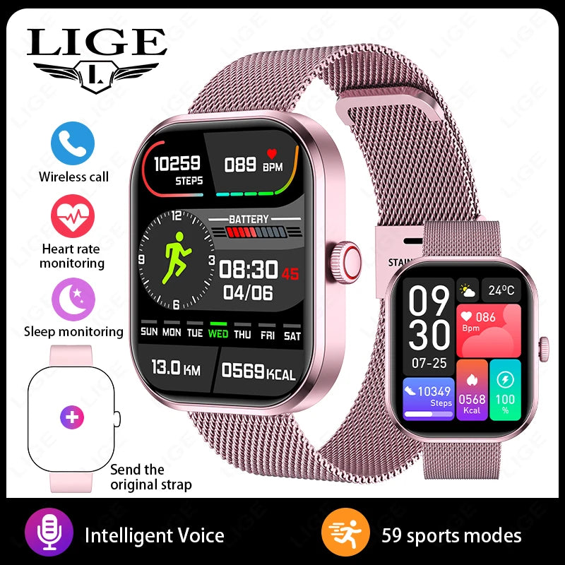 LIGE Smart Watches Ladies Bluetooth Call Sport Bracelet for Android IOS Women‘s Health Monitor Gift Music Clock Smartwatch Pink