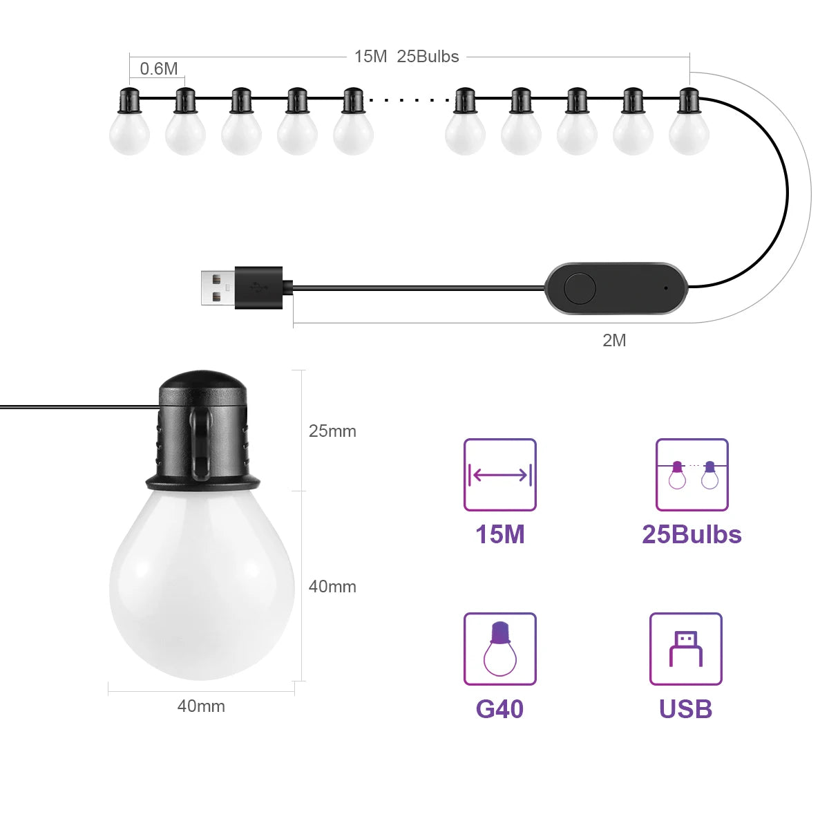 Tuya Smart WIFI G40 LED Bulb String Light USB 15M 25 Blubs Fairy Lights Christmas Bedroom Outdoor Garden Decor Festoon Garland