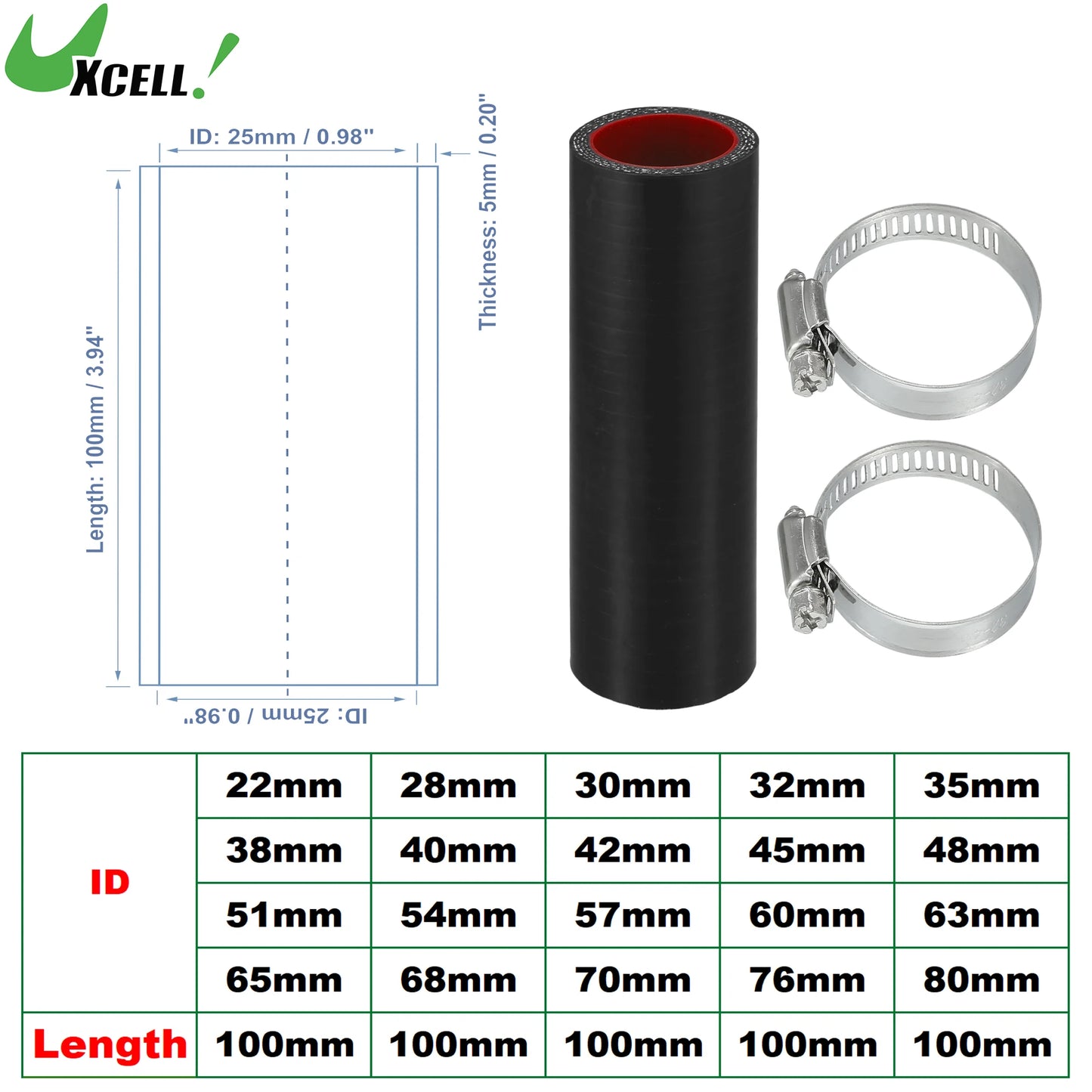 UXCELL 22mm 28mm 30mm 35mm 40mm 42mm 54mm 65mm 70mm ID Car Straight Silicone Hose Coupler Intercooler Tube w/ Clamps 100mm L