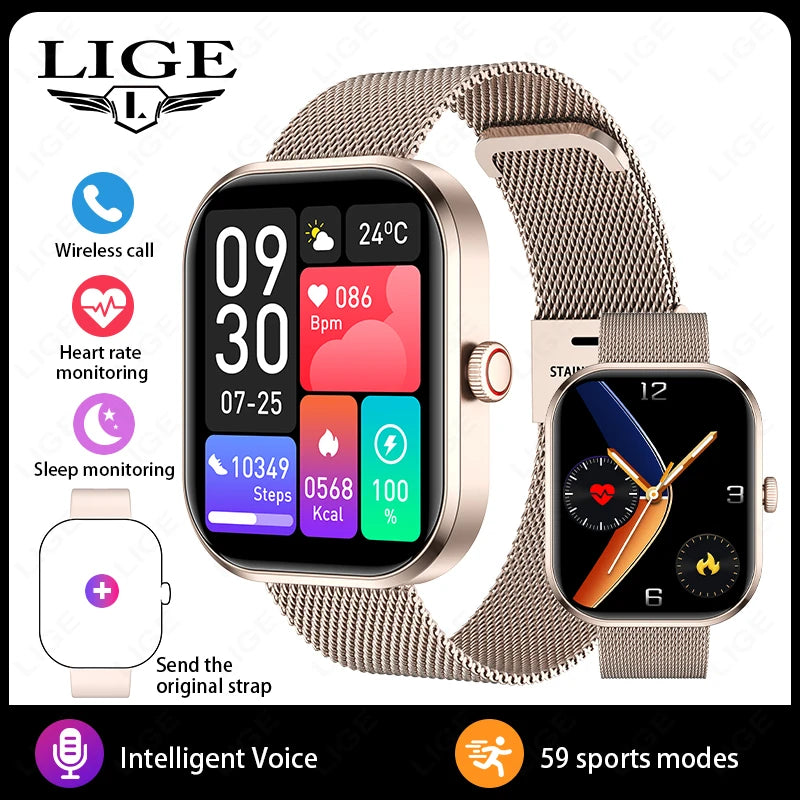 LIGE Smart Watches Ladies Bluetooth Call Sport Bracelet for Android IOS Women‘s Health Monitor Gift Music Clock Smartwatch Pink
