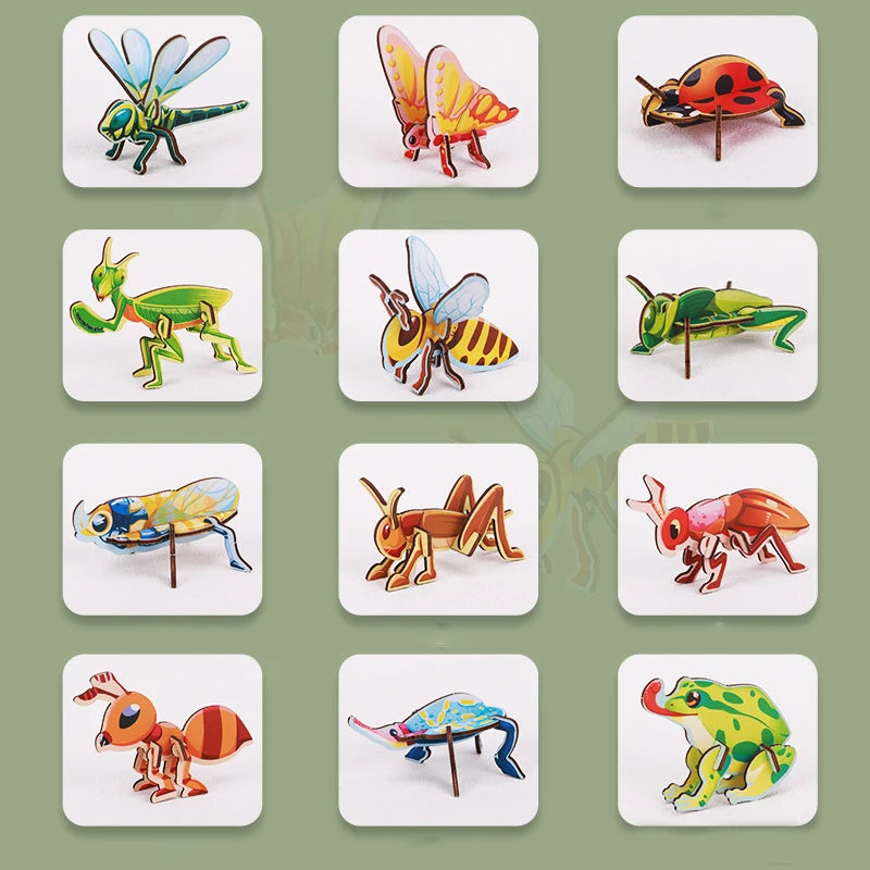12pcs 3D Three-dimensional Paper Insect Puzzle Children's Toys Cartoon Insect Assembly Model DIY Educational Toy Gift for Kids