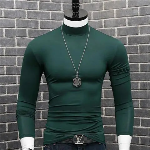 Fashion 2023 Oversize Solid Men's Slim Fit T-Shirt with Turtleneck Autumn Long Sleeve Top Shirt Male Modal Base Male Blouse