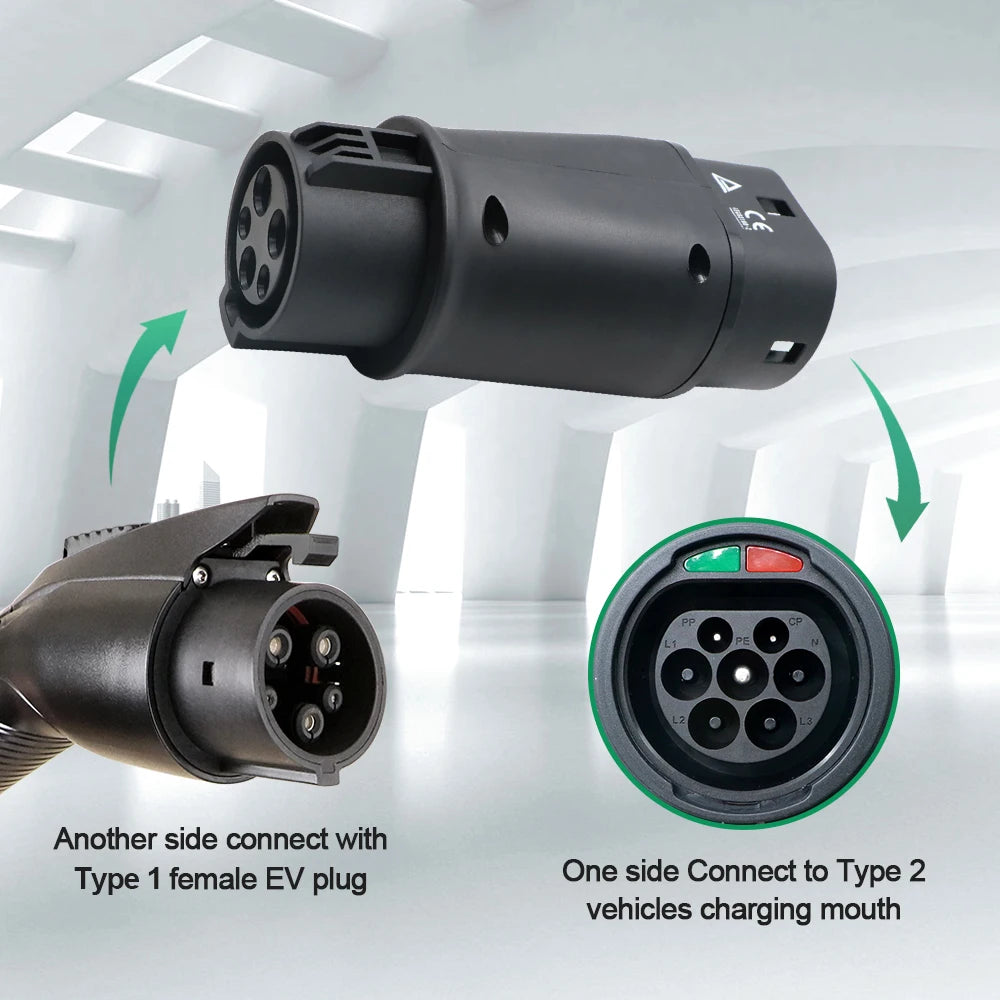 Chiefleed 32A 7.2KW Type 1 to Type 2 EV Charger Adaptor SAEJ1772 To IEC-62169 Converter Charging Eletric Vehicle Hybrid EU Cars