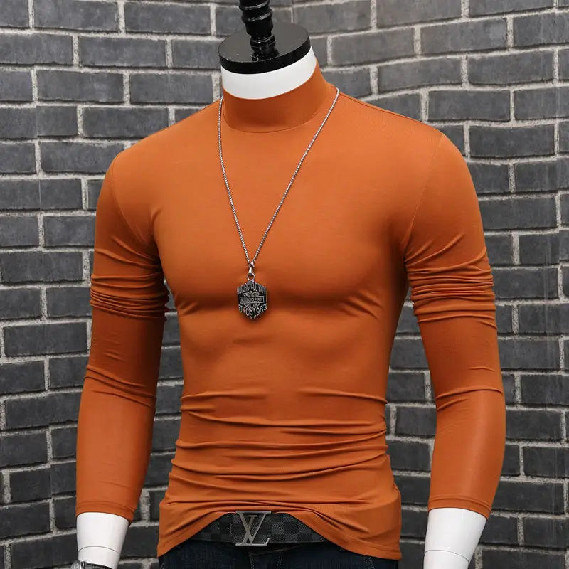 Fashion 2023 Oversize Solid Men's Slim Fit T-Shirt with Turtleneck Autumn Long Sleeve Top Shirt Male Modal Base Male Blouse