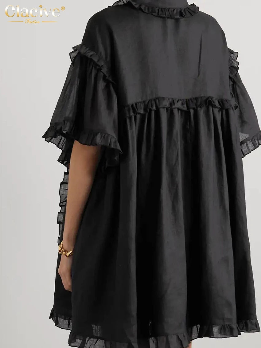 Clacive Summer Loose Black Cotton Women'S Dress 2024 Casual Lapel Short Sleeve Mini Dresses Elegant Ruffle Solid Female Dress