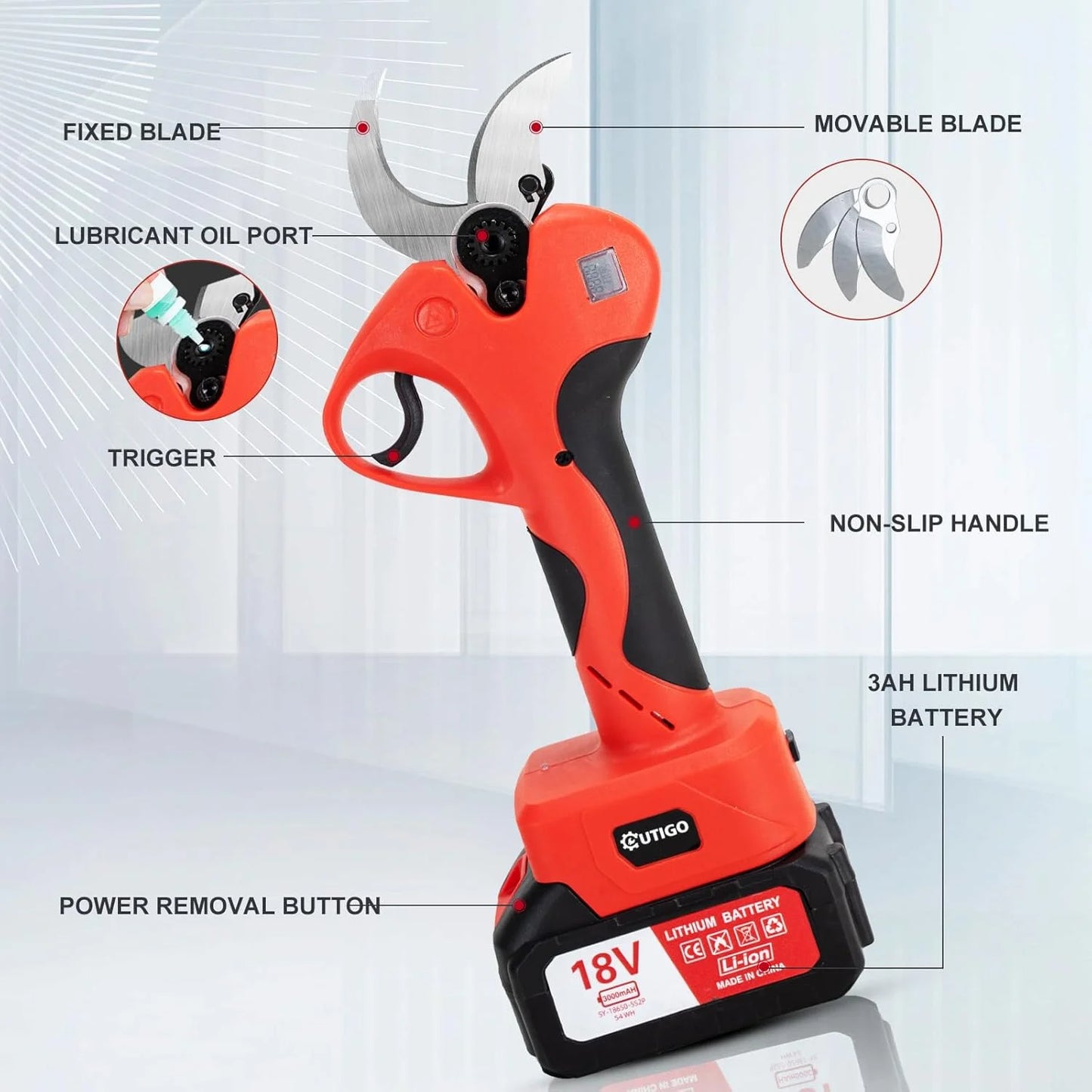OUTIGO electric thread secateur, 40mm, with screen with 2 Batteries 3.0Ah for fruit trees and vineyard