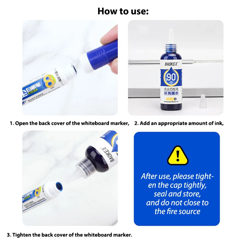 1 Box 90ml Whiteboard Marker Ink Refill Fluids Red Blue Black Colors Compatible with All Erasable Whiteboard Markers
