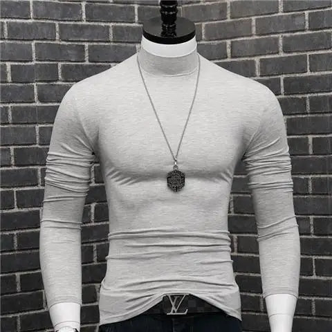 Fashion 2023 Oversize Solid Men's Slim Fit T-Shirt with Turtleneck Autumn Long Sleeve Top Shirt Male Modal Base Male Blouse