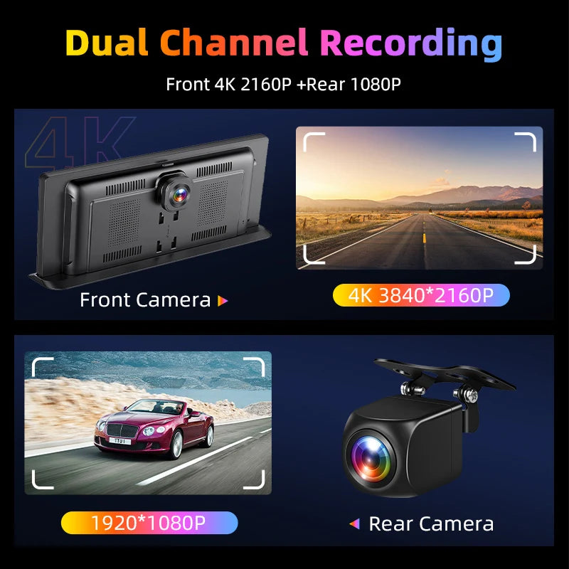 2024 NEW 11.3" Dash Cam 4K 2160P Car DVR Wireless Carplay & Android Auto 5G WiFi GPS Navigation Dashboard Dual Lens Recorder