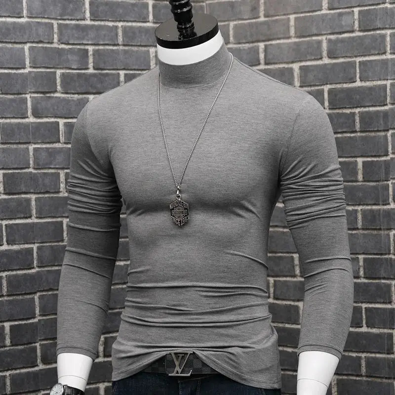 Fashion 2023 Oversize Solid Men's Slim Fit T-Shirt with Turtleneck Autumn Long Sleeve Top Shirt Male Modal Base Male Blouse