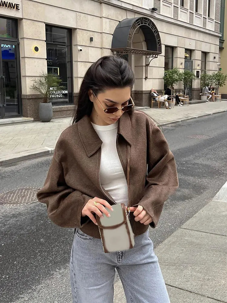 Fashion Brown Short Woolen Jacket For Women Elegant Lapel Long Sleeves Zipper Cropped Coats Autumn Chic Lady High Street Outwear