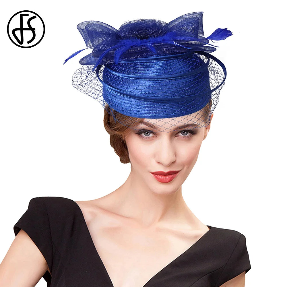 FS 2024 Wedding Church Red Hats Fascinators For Woman With Feather Veil Cocktail Party Headdress Lady Elegant Kentucky Derby Cap