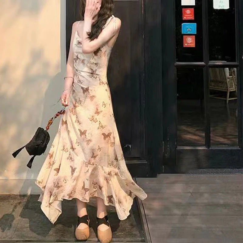 Women Irregular Butterfly Floral Kawaii Dress Hot Girl Tighten The Waist 2024 Spring Summer New Dress Vintage Elegant Dress
