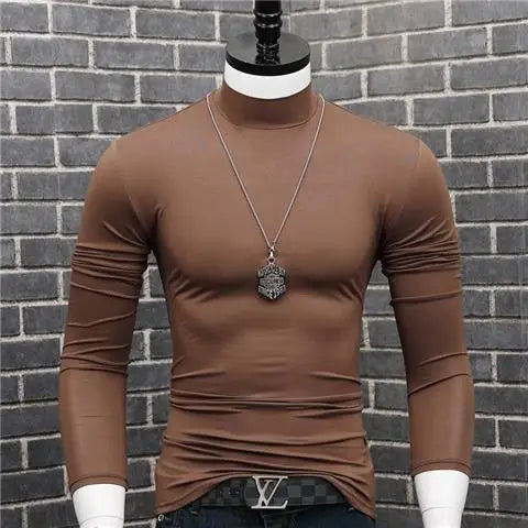 Fashion 2023 Oversize Solid Men's Slim Fit T-Shirt with Turtleneck Autumn Long Sleeve Top Shirt Male Modal Base Male Blouse
