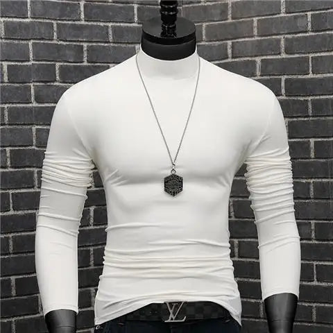 Fashion 2023 Oversize Solid Men's Slim Fit T-Shirt with Turtleneck Autumn Long Sleeve Top Shirt Male Modal Base Male Blouse