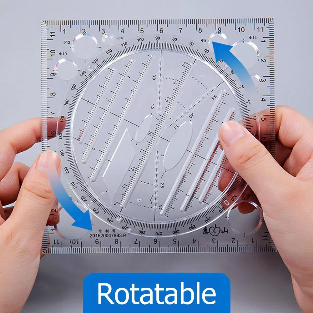 Multi-function Rotatable Drawing Template Art Design Construction Architect Geometry Circle Drafting Measuring Scale Ruler Tools