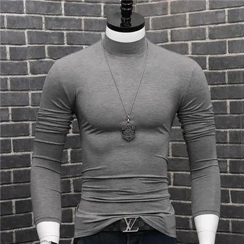 Fashion 2023 Oversize Solid Men's Slim Fit T-Shirt with Turtleneck Autumn Long Sleeve Top Shirt Male Modal Base Male Blouse