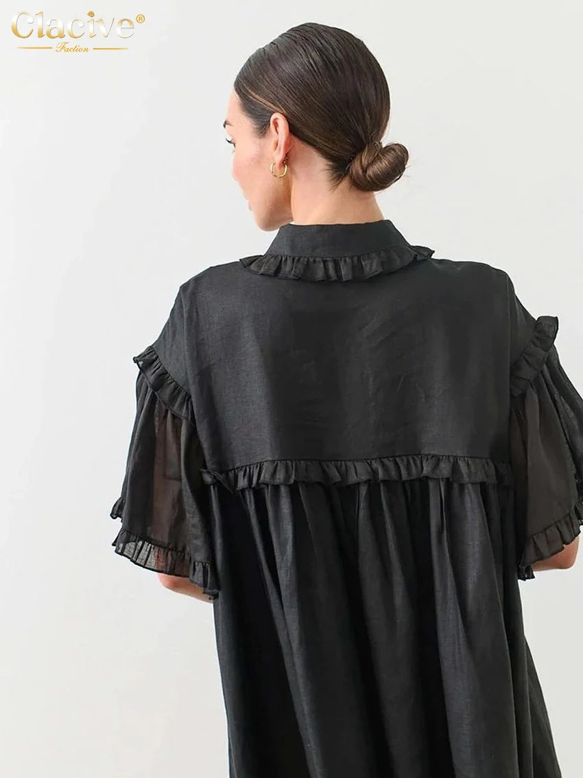 Clacive Summer Loose Black Cotton Women'S Dress 2024 Casual Lapel Short Sleeve Mini Dresses Elegant Ruffle Solid Female Dress