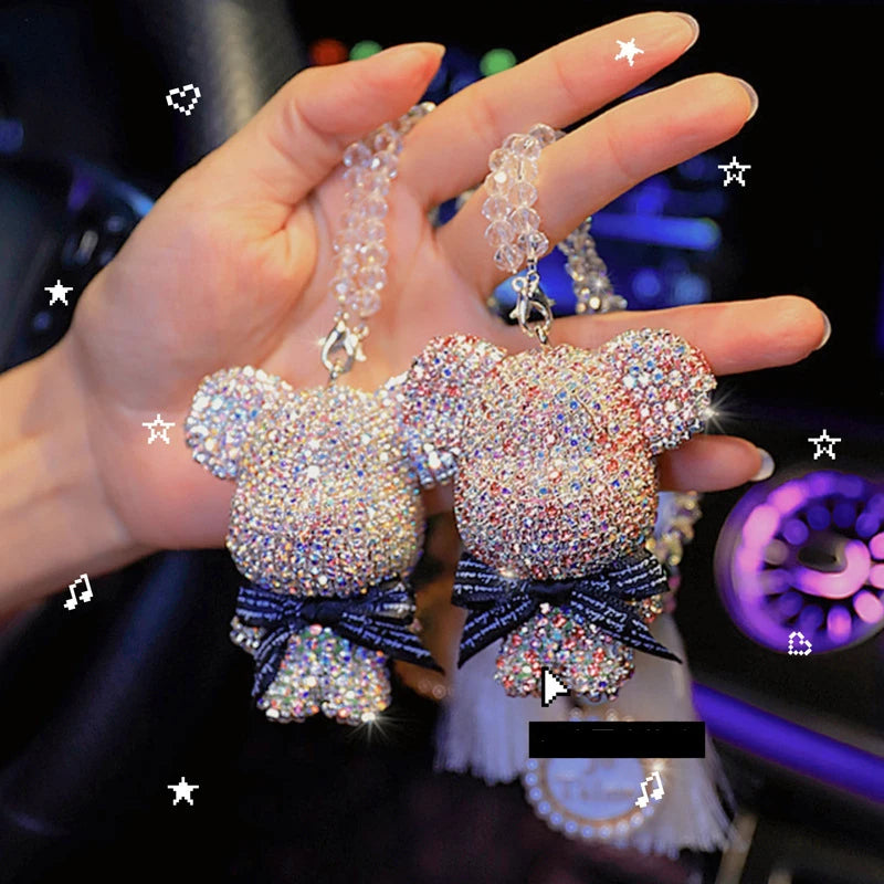 Cartoon Diamond Crystal Bow Bear Car Pendant Mirror Hanging Ornaments Bling Car Interior Decoration Women Accessories