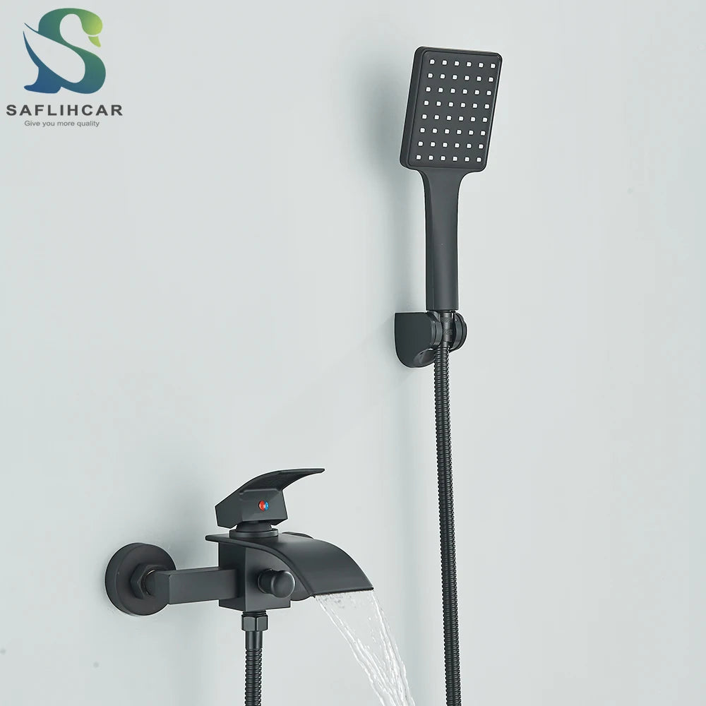 Matte Black Bathroom Bathtub Faucet Waterfall Faucet With Hand Shower Hot and Cold Water Mixer Taps Wall-mounted Bathtub Faucet