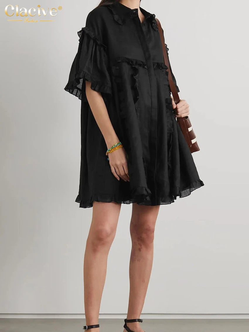 Clacive Summer Loose Black Cotton Women'S Dress 2024 Casual Lapel Short Sleeve Mini Dresses Elegant Ruffle Solid Female Dress