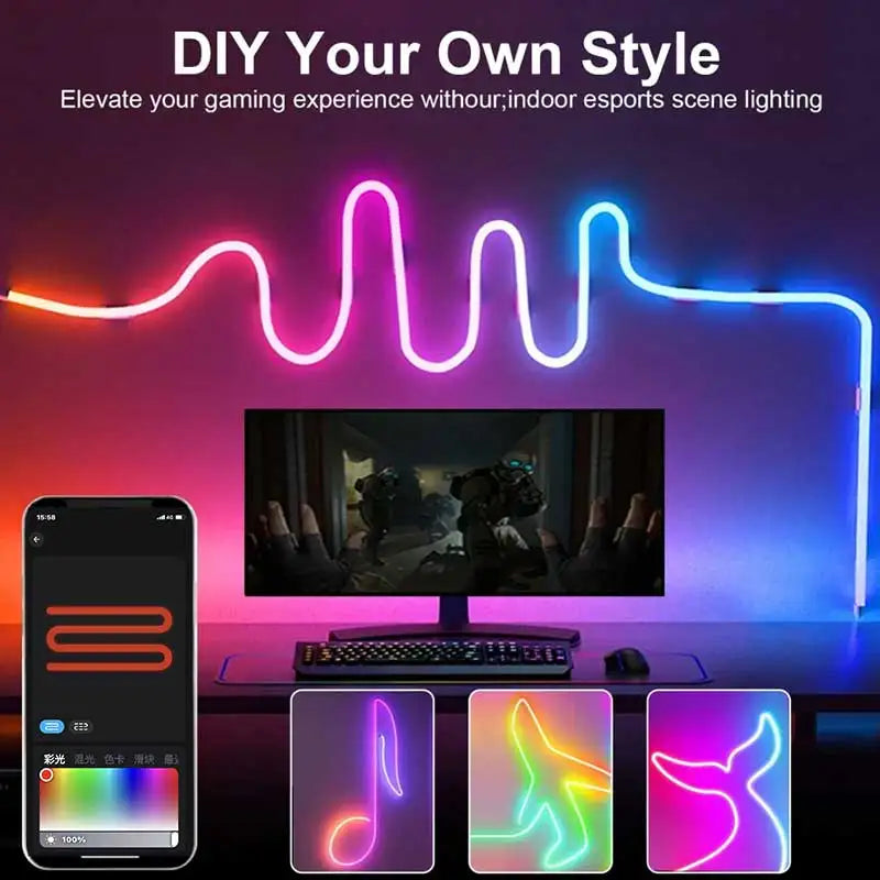 Neon Led Strip Light 5V RGBIC Neon Strip Lights 1M 2M 3M 5M Waterproof Flex Ribbon Led Tape for Room Wall Decor Music Sync