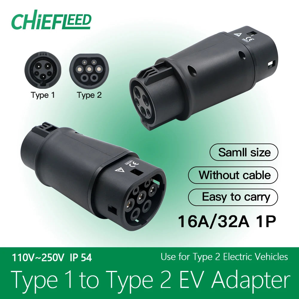 Chiefleed 32A 7.2KW Type 1 to Type 2 EV Charger Adaptor SAEJ1772 To IEC-62169 Converter Charging Eletric Vehicle Hybrid EU Cars