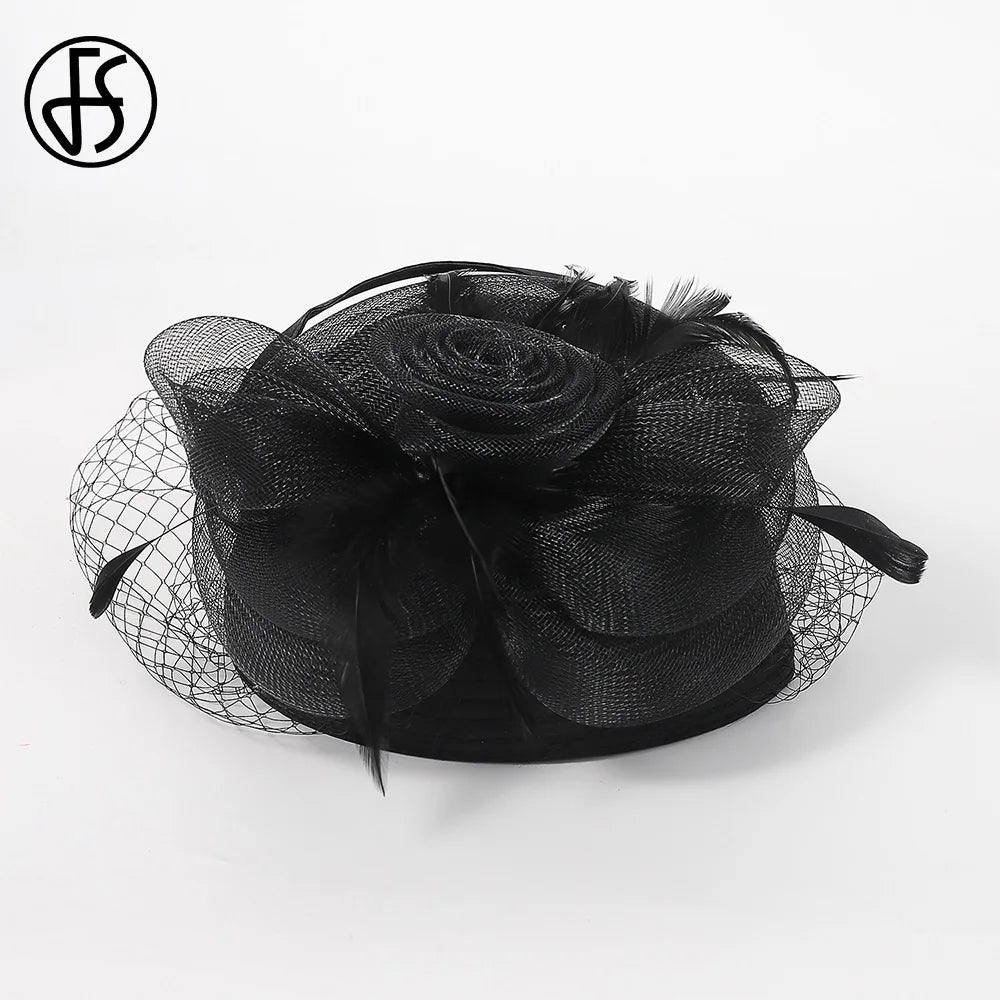 FS 2024 Wedding Church Red Hats Fascinators For Woman With Feather Veil Cocktail Party Headdress Lady Elegant Kentucky Derby Cap