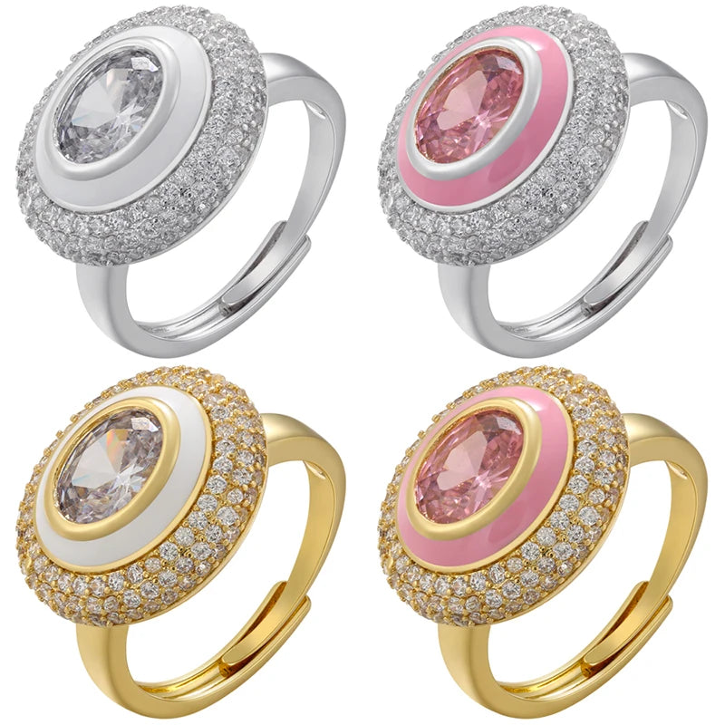 ZHUKOU Round Enamel mushroom rings for women sweet pink stones opening adjustable Couple rings Jewelry wholesale VJ518